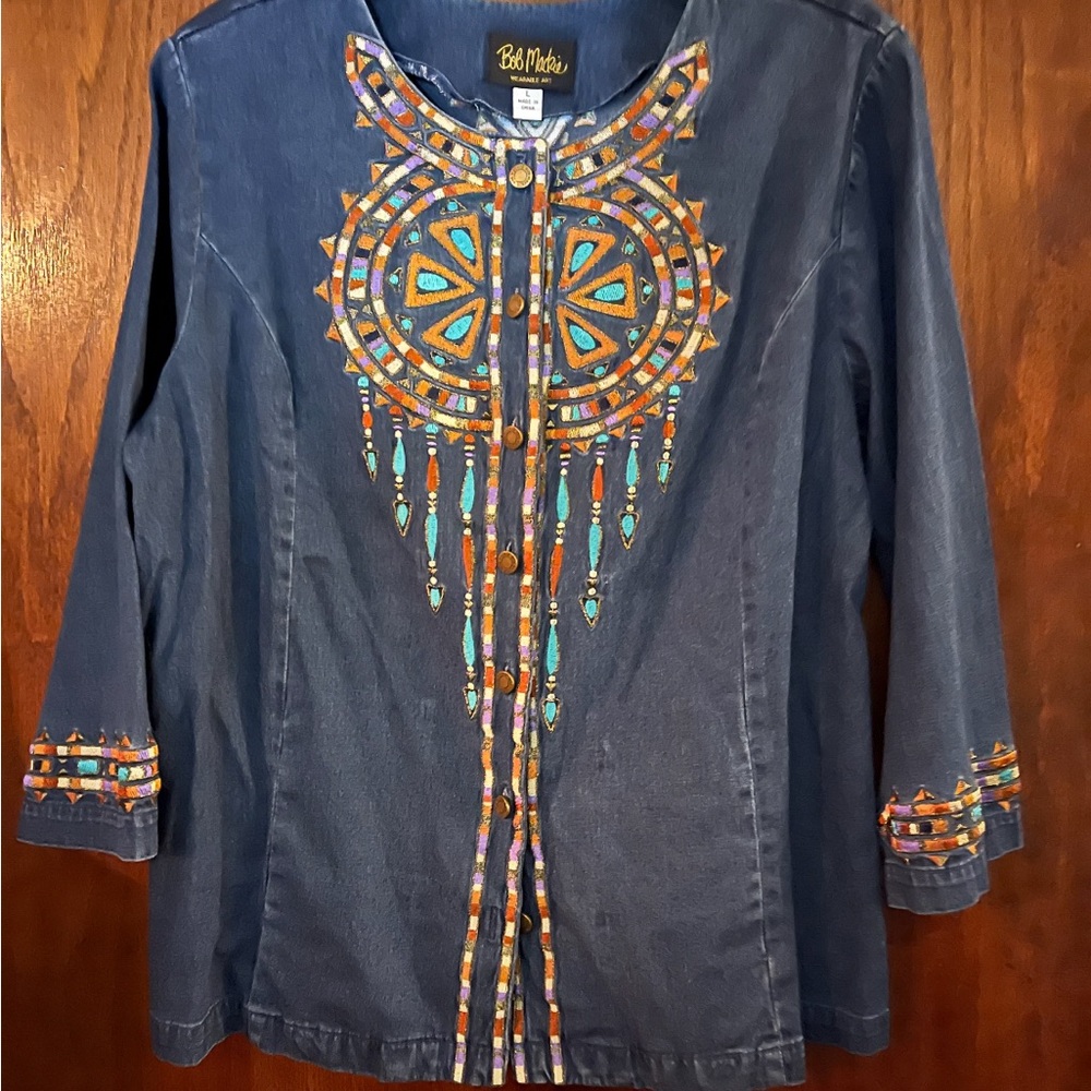 Bob Mackie Navy Top with Colorful Embroidery turquoise beads indiecore boho vibe